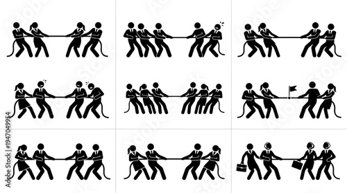 A collection of eight black and white icons depicting various configurations of cryptocurrency mining rigs or server racks.