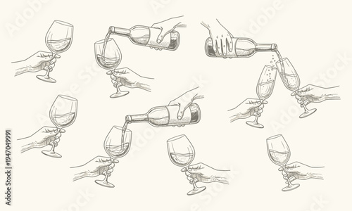 Hands holding a glass or bottle, hand-drawn sketch. Vector illustration. hands holding water glass cocktail with cherry and pouring red wine from a bottle into a glass