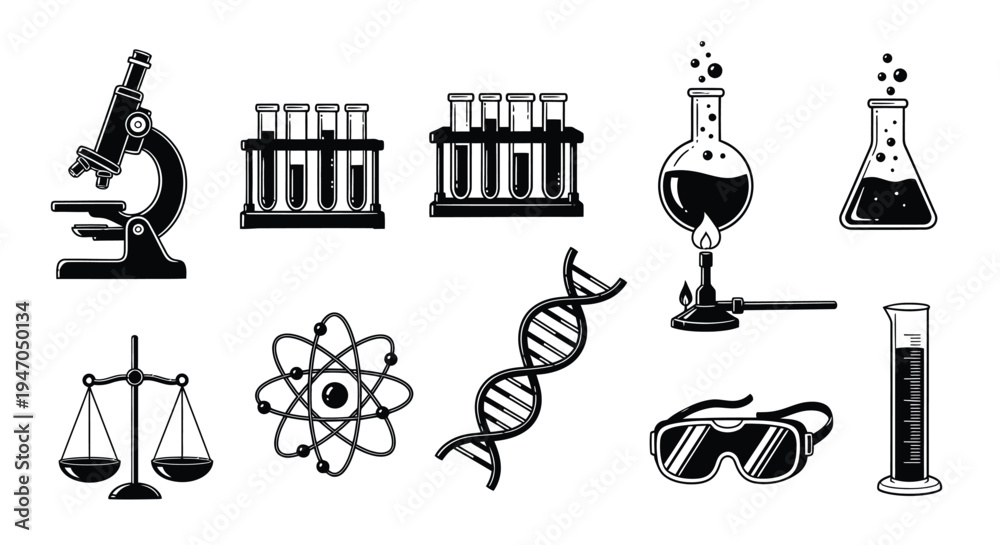 Naklejka premium Scientific equipment and chemical glassware in a black and white silhouette