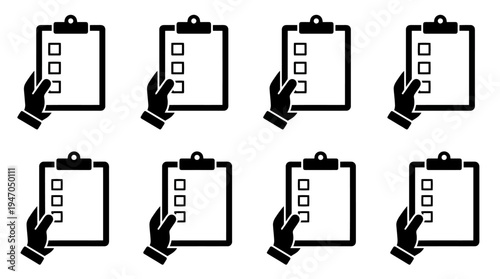 A collection of eight black and white icons depicting various configurations of cryptocurrency mining rigs or server racks.