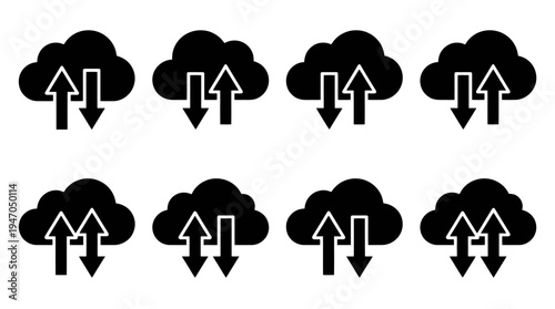 A collection of eight black and white icons depicting various configurations of cryptocurrency mining rigs or server racks.
