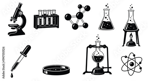 Scientific laboratory equipment depicted in a minimalist black silhouette high quality