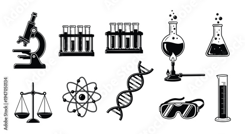 Scientific equipment and chemical glassware in a black and white silhouette
