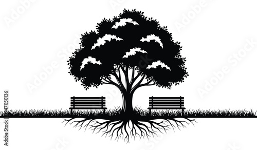 A large deciduous tree standing in a grassy park area with two wooden benches placed nearby it