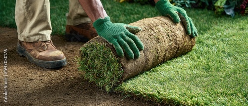 Gardener installing fresh green sod rolls on a lawn.