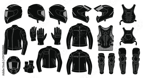 Black motorcycle gear collection including helmets jackets gloves and protective wear silhouette