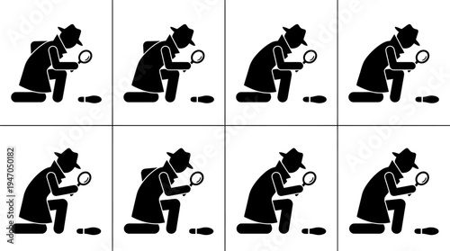 A collection of eight black and white icons depicting various configurations of cryptocurrency mining rigs or server racks.