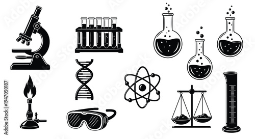 Black scientific equipment and symbols depicted as a striking silhouette