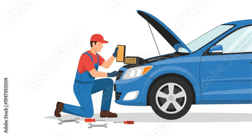 Mechanic fixing blue car engine.