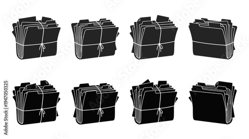 A collection of eight black and white icons depicting various configurations of cryptocurrency mining rigs or server racks.