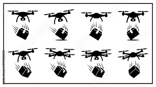 A collection of eight black and white icons depicting various configurations of cryptocurrency mining rigs or server racks.