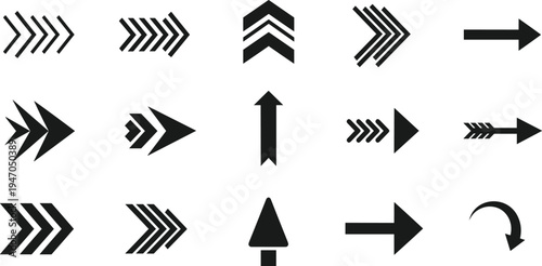Arrow Icon Set Featuring Various Directional Arrows, Curved, Straight, and Multiple Shapes for Navigation and User Interface Design