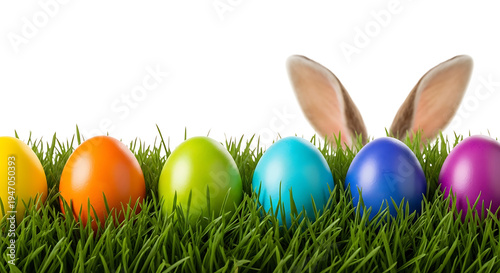 Colorful easter eggs in grass with bunny ears on white background for spring holiday