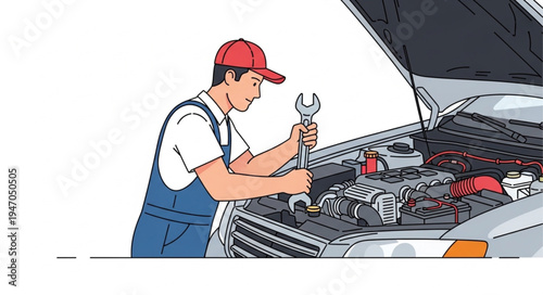 Mechanic fixing car engine.