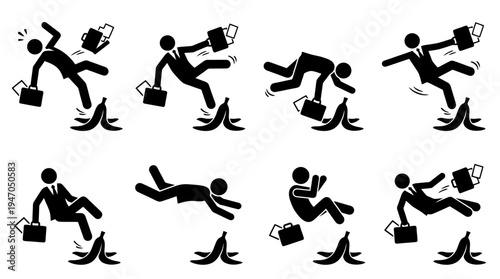 A collection of eight black and white icons depicting various configurations of cryptocurrency mining rigs or server racks.