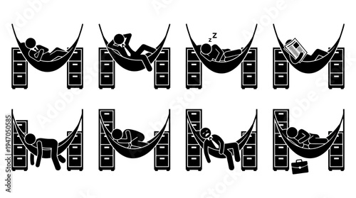 A collection of eight black and white icons depicting various configurations of cryptocurrency mining rigs or server racks.