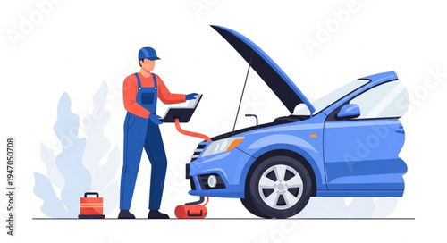 Mechanic Fixing Blue Car.