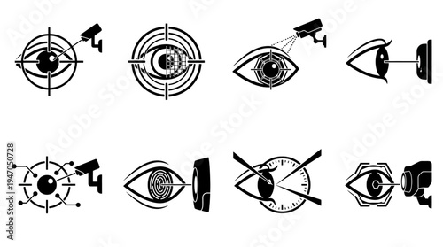 A collection of eight black and white icons depicting various configurations of cryptocurrency mining rigs or server racks.