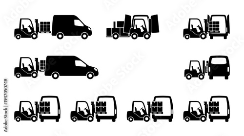 A collection of eight black and white icons depicting various configurations of cryptocurrency mining rigs or server racks.