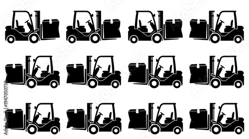 A collection of eight black and white icons depicting various configurations of cryptocurrency mining rigs or server racks.