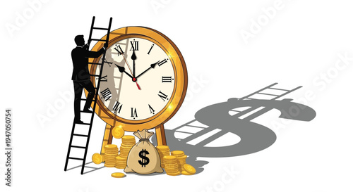 Man climbing a ladder towards a clock with money a striking silhouette