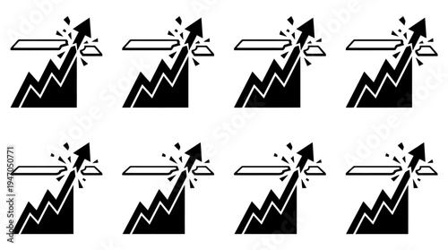 A collection of eight black and white icons depicting various configurations of cryptocurrency mining rigs or server racks.