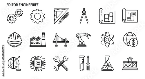 Engineering tools and infrastructure icons in a linear minimalist silhouette