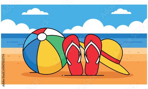 A Beach Scene With A Beach Ball, Flip Flops, And A Sun Hat