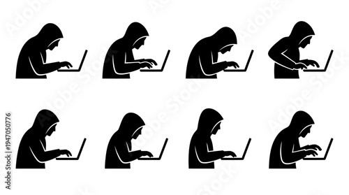 A collection of eight black and white icons depicting various configurations of cryptocurrency mining rigs or server racks.