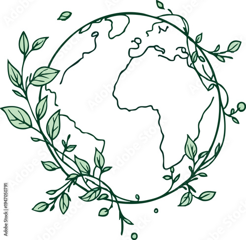 Earth sustainability vector illustration with globe continents leafy vines nature ecology harmony environmental awareness green planet artistic design