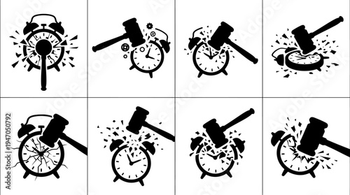 A collection of eight black and white icons depicting various configurations of cryptocurrency mining rigs or server racks.