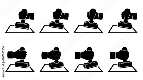 A collection of eight black and white icons depicting various configurations of cryptocurrency mining rigs or server racks.