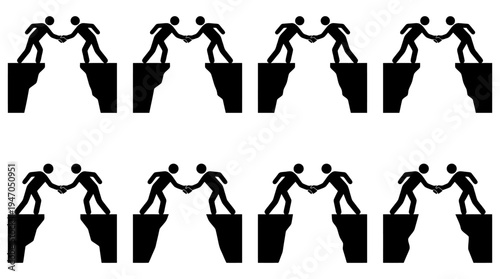 Two stylized figures shaking hands across a gap, symbolizing connection and partnership, repeated eight times in a grid.