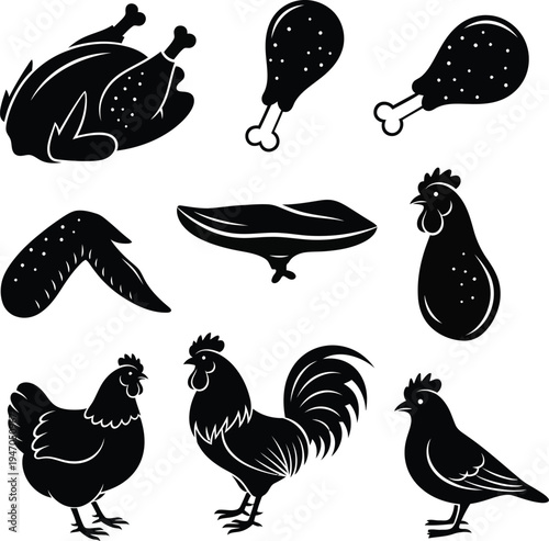 Silhouette of various chicken and poultry parts and whole birds