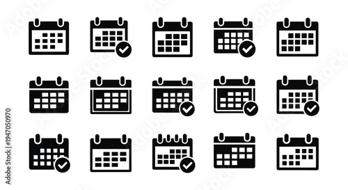 Black calendar icons with varying designs some featuring checkmarks high quality