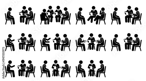 Set of 15 black vector icons depicting business people in various meeting and interview scenarios