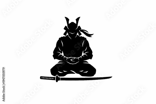 Minimalist Black Silhouette of a Meditating Samurai Warrior with Katana