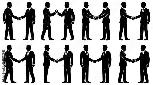Set of 10 black silhouette vector icons depicting two businessmen shaking hands, symbolizing agreement and partnership.