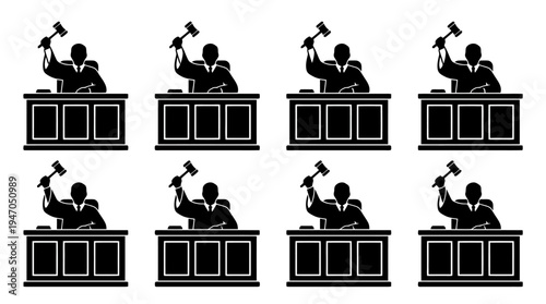 Set of 8 black and white vector icons depicting a judge in a robe hitting a gavel on a desk