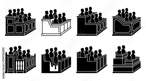 Set of 8 black and white vector icons depicting various court jury box and spectator seating arrangements