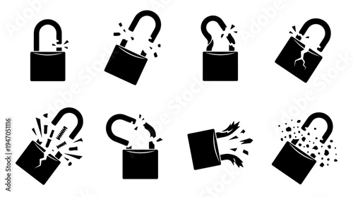 Collection of eight black icons depicting padlocks in various stages of being broken or unlocked, symbolizing security breaches or access.