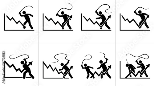 Series of icons depicting a stick figure using a whip to control or manipulate a rising stock market graph, illustrating market control and manipulation.