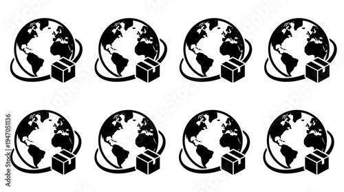 Eight identical icons depicting a stylized globe with a small package in front of it, suggesting global shipping or delivery services.