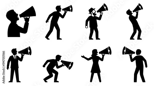 Collection of diverse silhouettes of people using megaphones to amplify their voices, representing communication and public speaking.