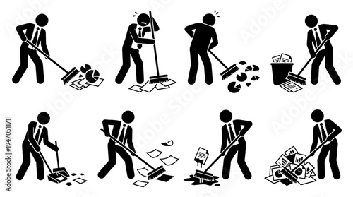 Stick figures in business attire are shown cleaning up a messy office with brooms and dustpans, depicting the process of tidying up.