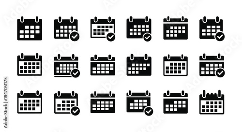 Collection of black calendar icons with varying designs and checkmarks
