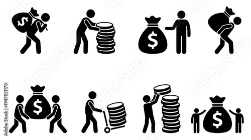 Collection of simple black and white pictogram icons depicting various financial and business-related activities involving money bags and stacks of coins.