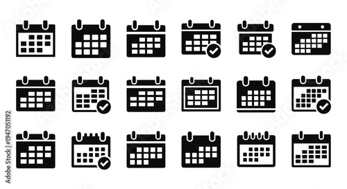 Collection of black calendar icons with varying layouts and checkmark selections