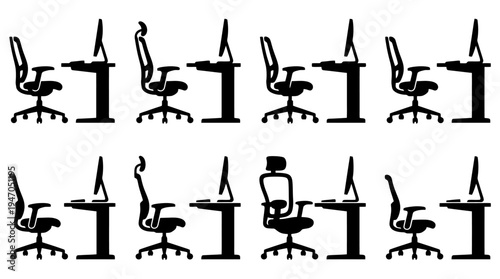 Collection of ergonomic office chairs and computer workstations demonstrating various adjustments and postures.