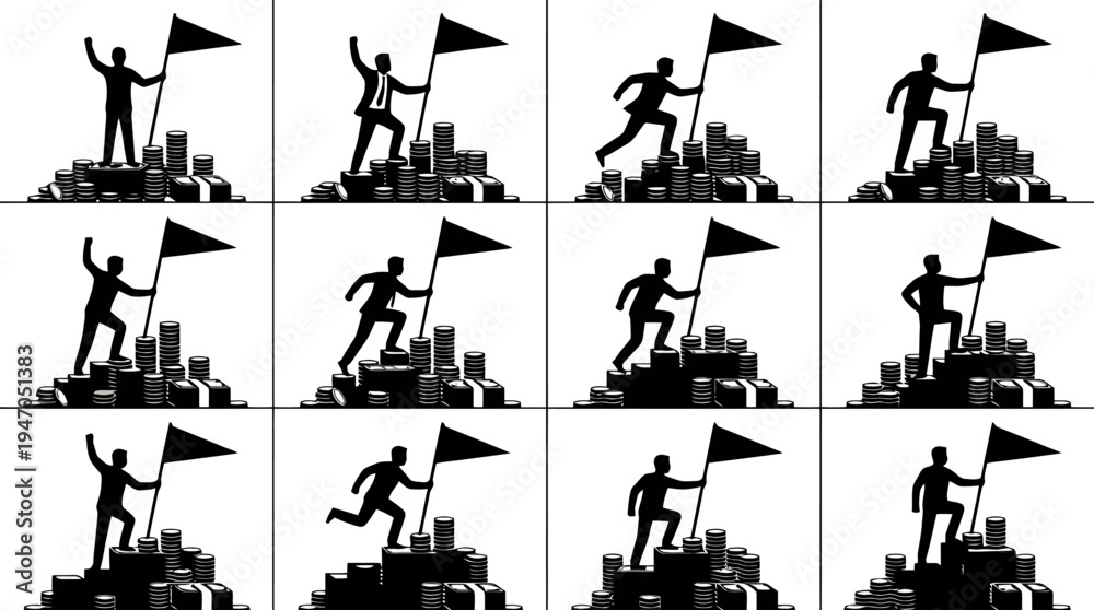 Obraz premium Silhouettes of businessmen climbing a mountain of coins and planting a flag at the summit, symbolizing success and achievement.
